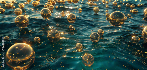 Liquid orbs float in a sea, forming an intricate pattern of cerulean and goldenrod. © muhammad