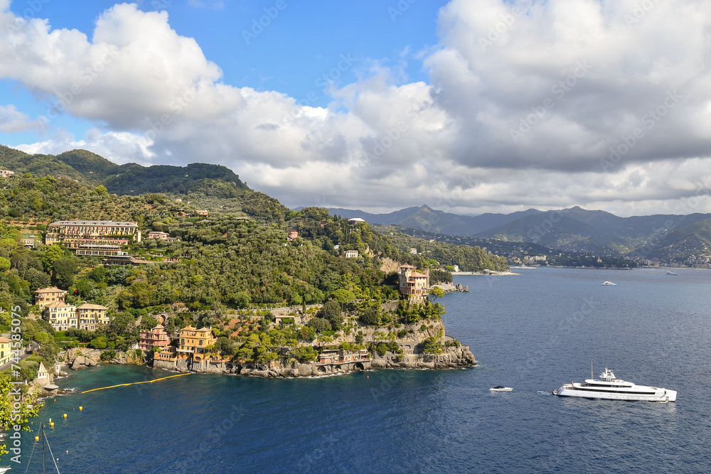 High-angle view of the Gulf of Tigullio on the Italian Riviera in summer, Portofino, Genoa, Liguria, Italy