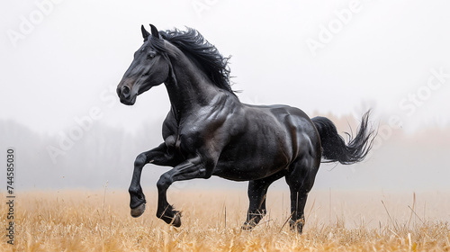 Galloping shiny black Andalusian stallion isolated on white background. 