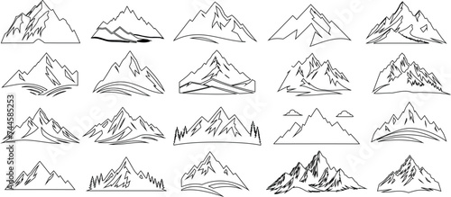 Mountain sketches collection  detailed outline  various shapes  sizes  perfect for outdoor  adventure logos  travel designs  achievement  exploration themes