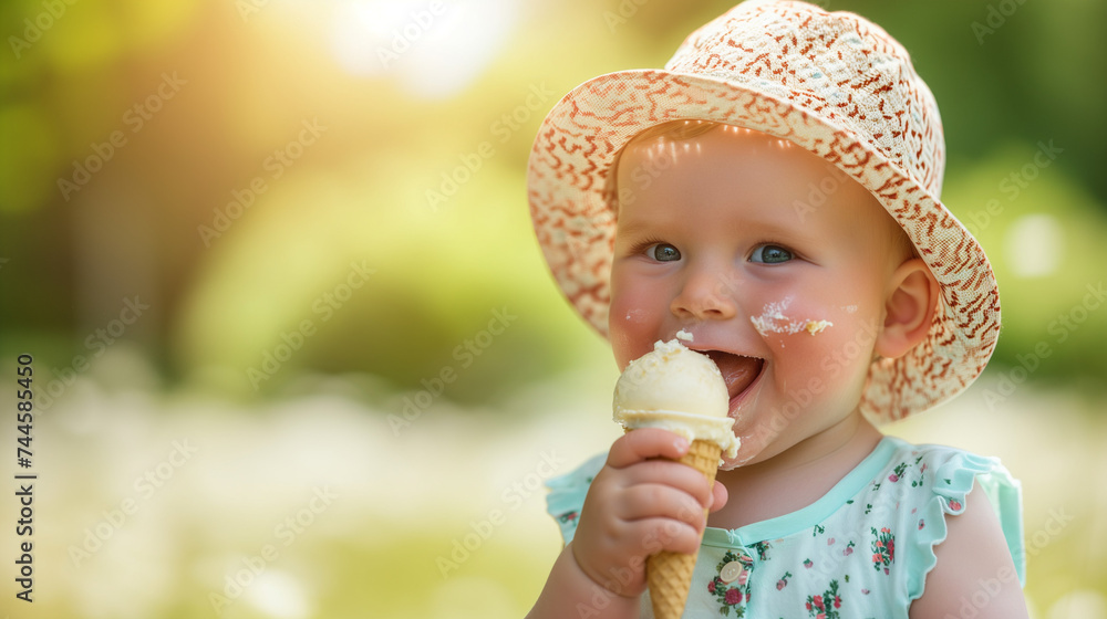 Sweet little one relishing a delicious ice cream cone amidst the summer sun Sweet little one relishing a delicious ice cream cone amidst the summer sun