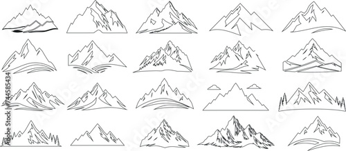 Mountain sketches collection, perfect for outdoor adventure logos, travel designs. Detailed outline, various shapes, sizes. Captures essence of exploration, nature’s majesty