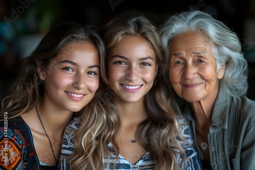 A smiling family portrait featuring two generations - grandmother, and granddaughters.