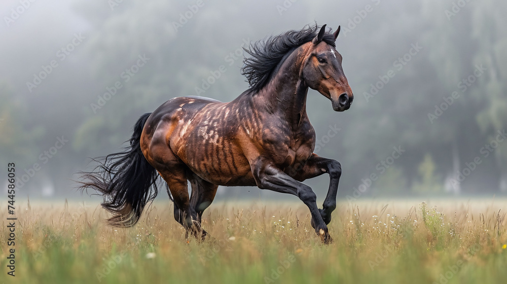 Running horse with streamed mane. Sunset time and sand Running horse with streamed mane. Sunset time and sand