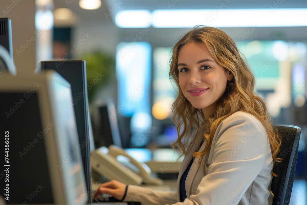 Calm and Competent Bank Staff Member Managing Transactions in Urban Bank Calm and Competent Bank Staff Member Managing Transactions in Urban Bank