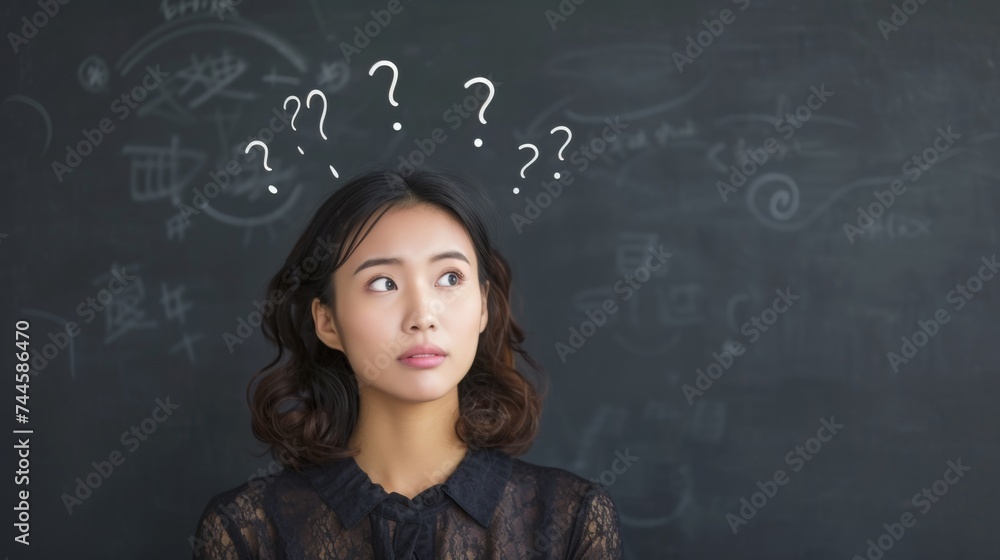 Pensive young woman with question marks on chalkboard, conceptual educational image Pensive young woman with question marks on chalkboard, conceptual educational image