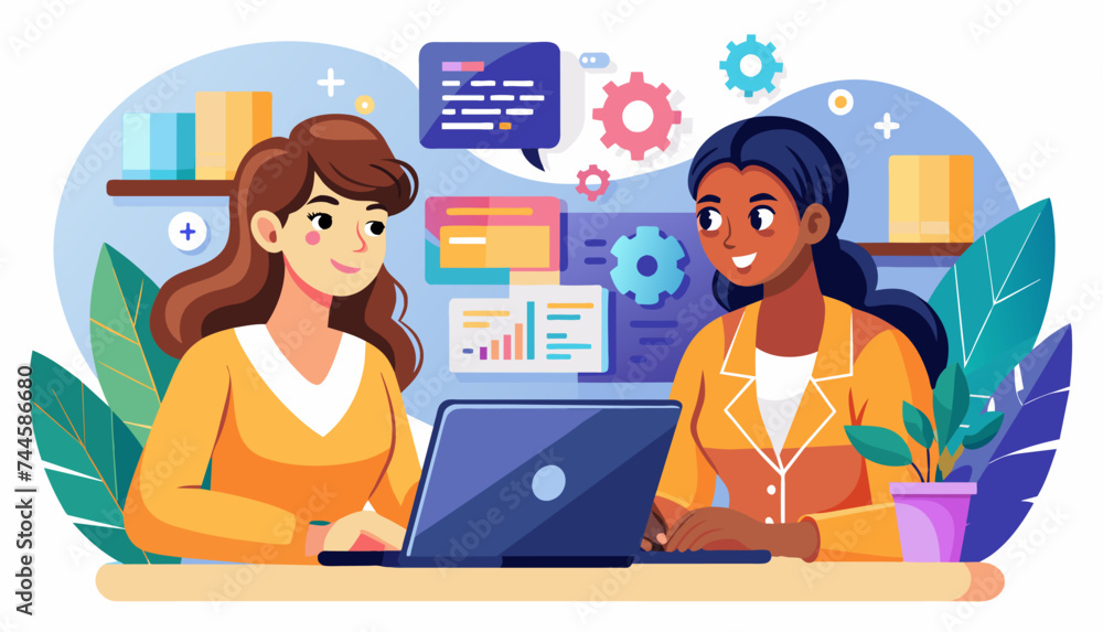Fototapeta premium two women coding, showcasing their skills in programming languages like Python, JavaScript, and Java.