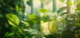 Bright lemonade in a transparent cup, catching the sunlight against a backdrop of lush, emerald leaves.