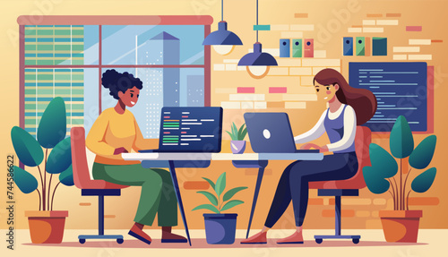 two women coding, showcasing their skills in programming languages like Python, JavaScript, and Java.