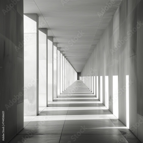 Minimalist perspective of a long corridor with light and shadows, modern architecture concept