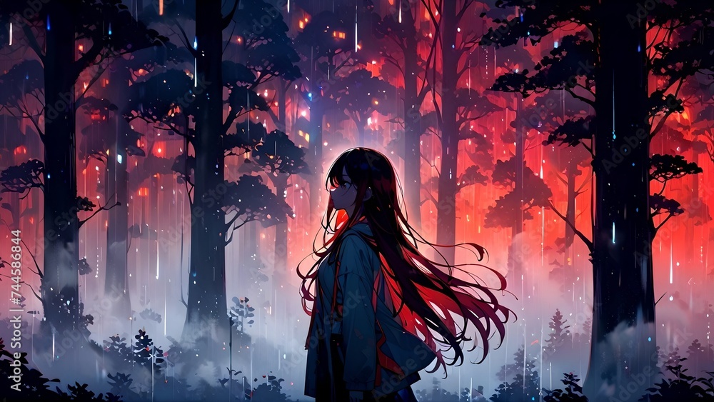 Anime girl on a background of forest, fog, red glow, anime wallpaper