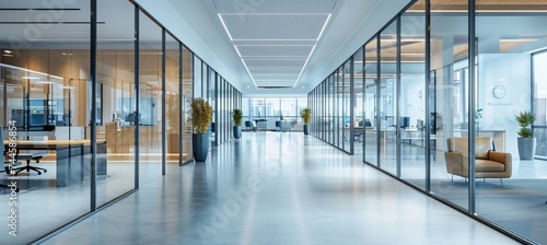 Modern office corridor interior. Generative AI technology. photo