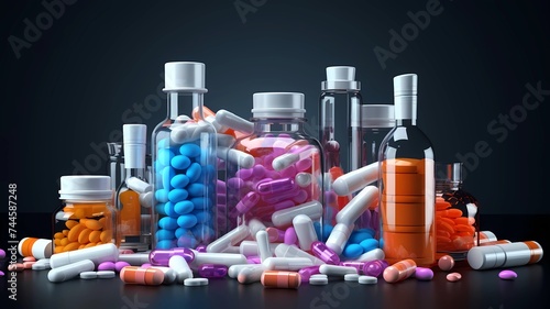Pills and bottles on a black background, Generative AI illustrations.