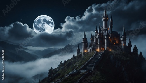 Dark fantasy castle atop a misty mountain with swirling clouds and a full moon. Ideal for fantasy book covers.  © xKas