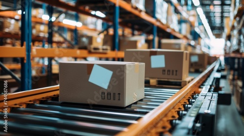 Logistics and Distribution, Industrial Automation - Cardboard boxes on a conveyor belt in a warehouse indicate efficient logistics and distribution, emphasizing automation in the industrial sector.