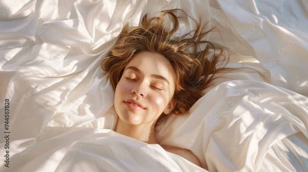 Woman Asleep in Sunlit Bed, Peaceful Rest - A young woman sleeping peacefully, illustrating calm and restful sleep. Woman Asleep in Sunlit Bed, Peaceful Rest - A young woman sleeping peacefully, illustrating calm and restful sleep.