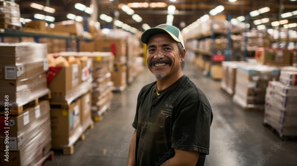 Obraz premium Warehouse Worker Smiling, Industrial Job Satisfaction - A happy warehouse worker, representing job fulfillment and industry.