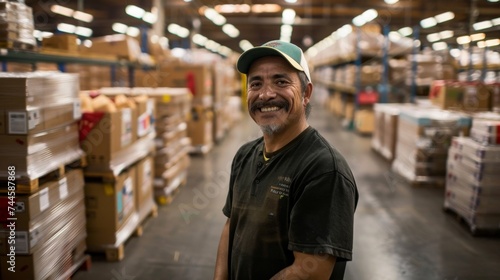 Warehouse Worker Smiling, Industrial Job Satisfaction - A happy warehouse worker, representing job fulfillment and industry.