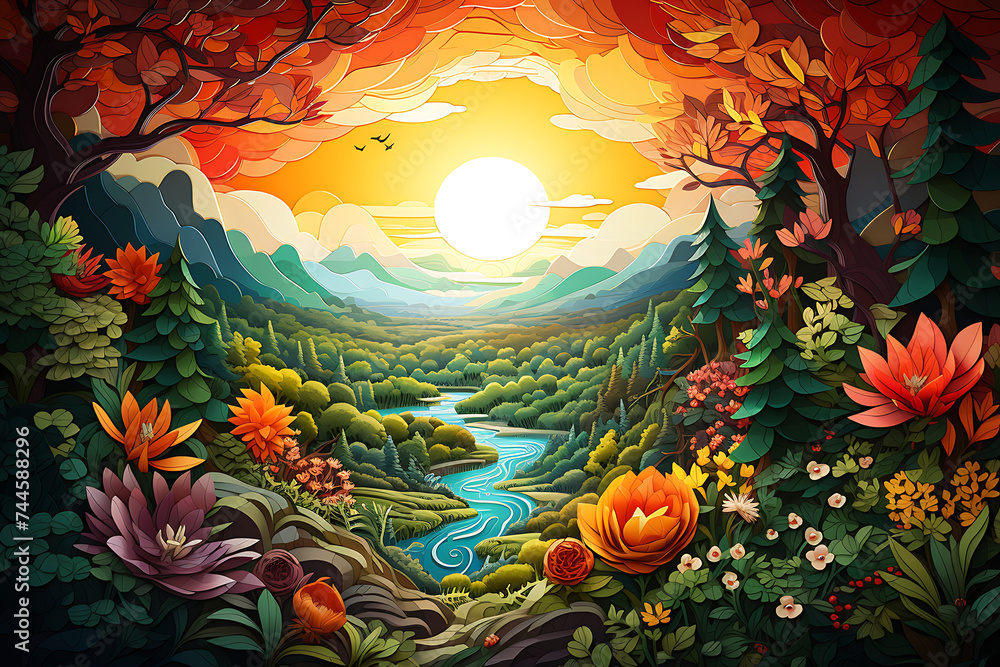 Beautiful autumn landscape with sun, lake and forest. Vector illustration.