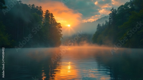Emerald and Orange Sunrise or Sunset over a Lake and Mountains © Duanporn