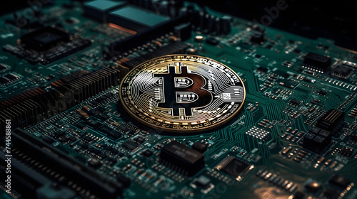  bitcoin is pictured on a black circuit board