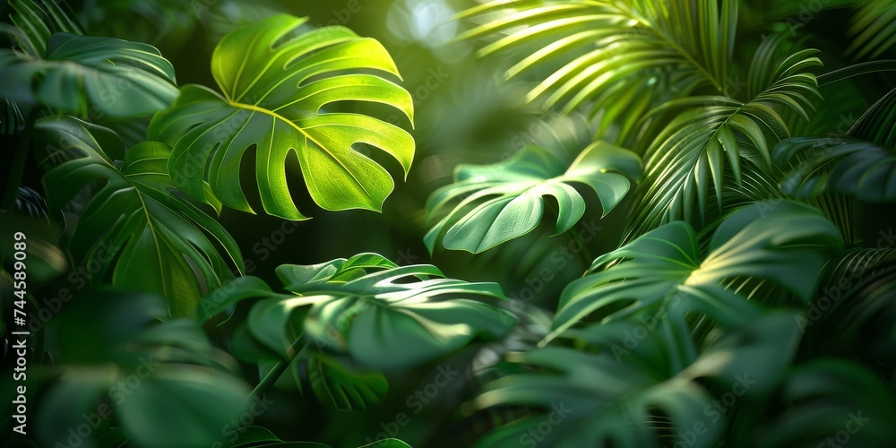 Vibrant green leaves sway in the lush jungle, showcasing the intricate beauty of a terrestrial plant thriving in its natural habitat Vibrant green leaves sway in the lush jungle, showcasing the intricate beauty of a terrestrial plant thriving in its natural habitat
