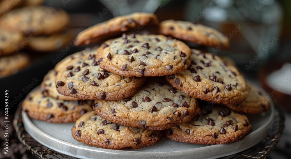 Indulge in the irresistible pleasure of a towering stack of freshly baked chocolate chip cookies, each bite filled with the perfect balance of crunchy biscuit and gooey melted chocolate chips