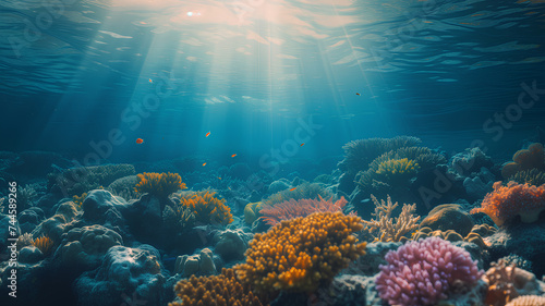 Underwater Coral Reef in Sunlit Ocean Depth Sunlight filters through the ocean, illuminating the intricate details of a vibrant underwater coral reef ecosystem.  © phairot