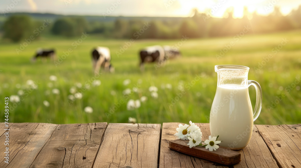 Homestead Bliss: Milk Jug on Wooden Surface, Cows Grazing Homestead Bliss: Milk Jug on Wooden Surface, Cows Grazing