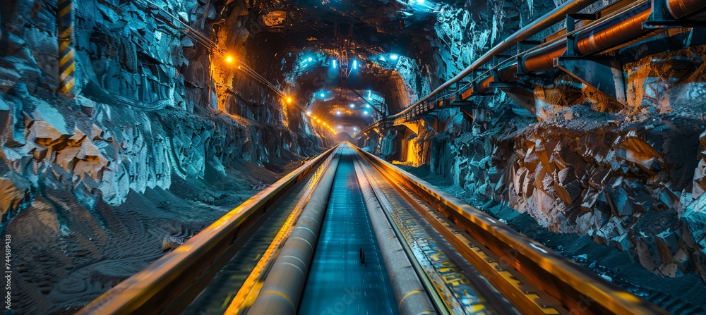 Underground mine railway track for material transport. Mining industry concept. Generative AI technology. - obrazy, fototapety, plakaty 