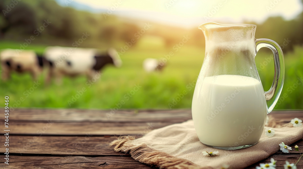 Idyllic Dairy: Glass Jug Milk Amidst Grazing Cows