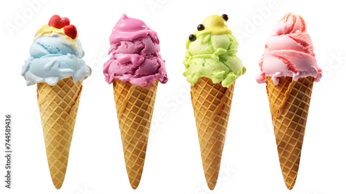 Ice cream cone on white isolated on clear png background and transparent background. food drink and dessert concept for cafe and restaurent, AI generative.