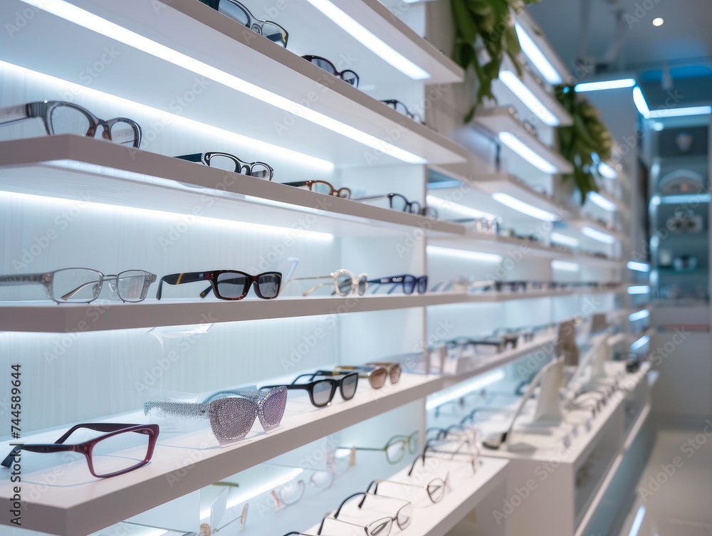 Sleek Eyewear Display: Modern Optics Store Interior