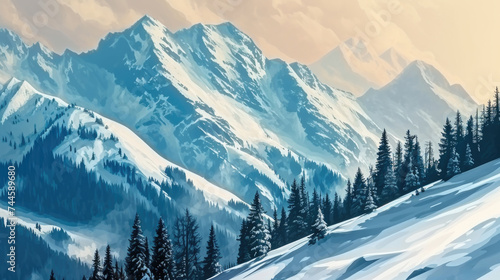 Serene painting of snow covered mountain with pine trees