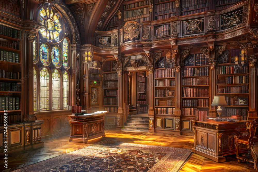 Obraz premium Ornate Renaissance library filled with leather-bound tomes, intricate woodwork.