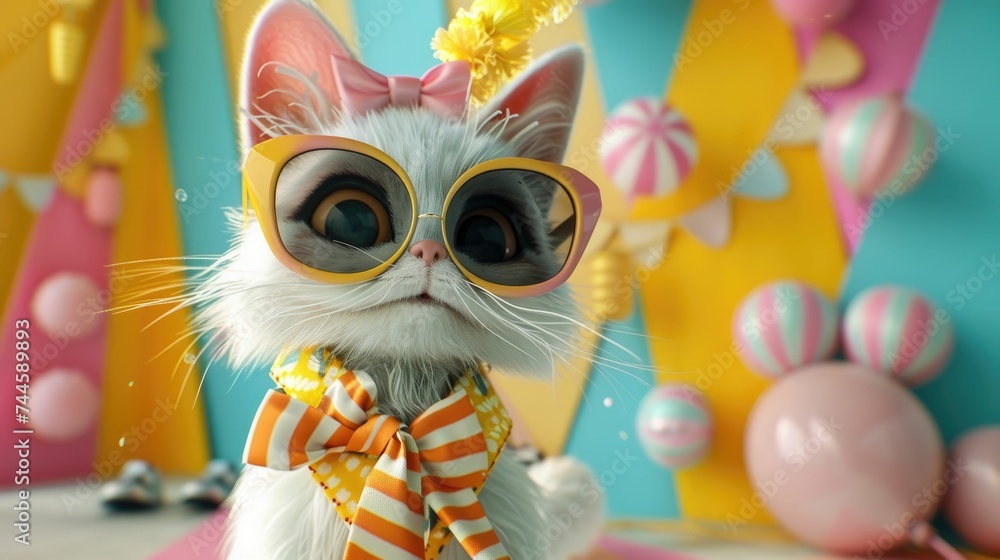 Fototapeta An adorable 3D animated cat dressed in a scarf and sunglasses, surrounded by a colorful party decoration scene.
