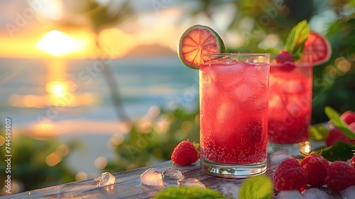 Tropical Drinks and Raspberries by the Ocean