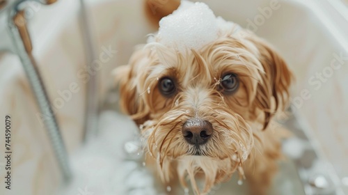 A small adorable dog with wet fur is looking curiously while sitting in a bubble bath, enjoying the grooming process. 