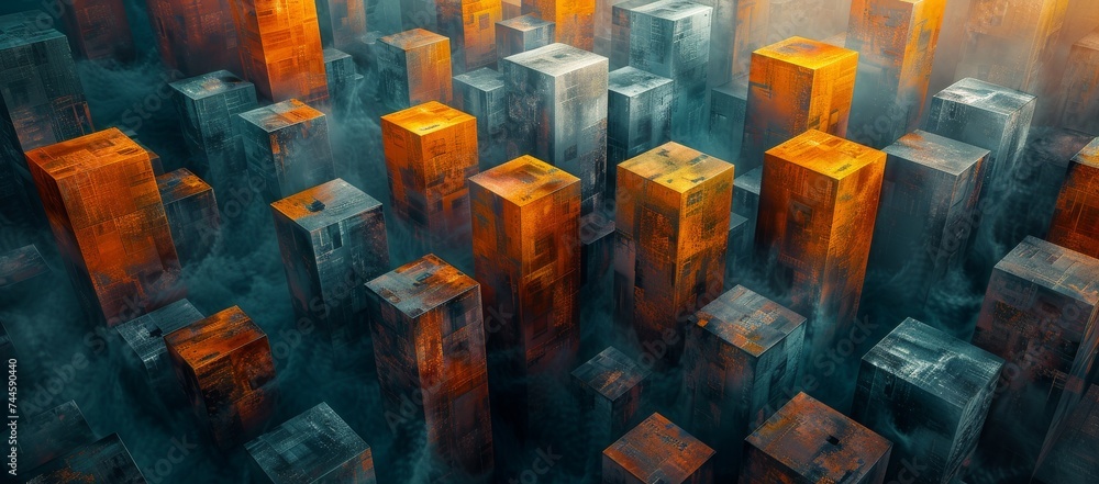 Amidst the concrete jungle, towering skyscrapers exhale a haunting artistry, engulfed in a hazy abstract of city life