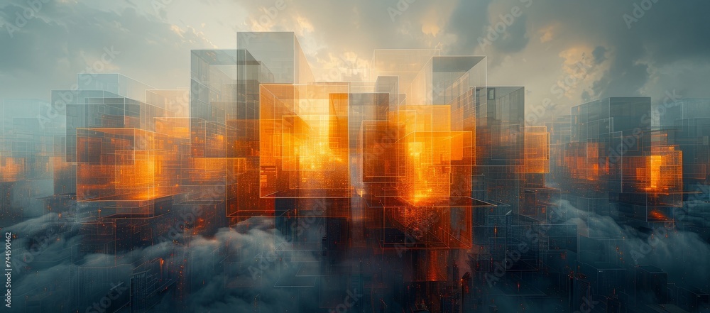 The city's towering skyscrapers were shrouded in a thick fog, creating a surreal landscape of square buildings reaching for the cloudy sky The city's towering skyscrapers were shrouded in a thick fog, creating a surreal landscape of square buildings reaching for the cloudy sky