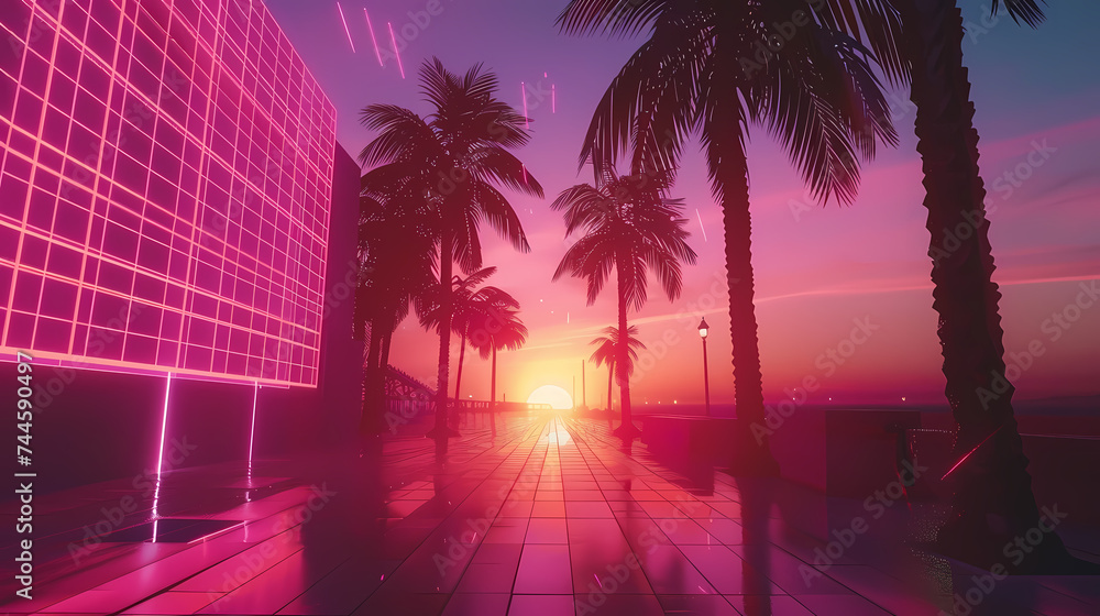 Naklejka premium Sunset Over Cybernetic Cityscape With Palm Trees