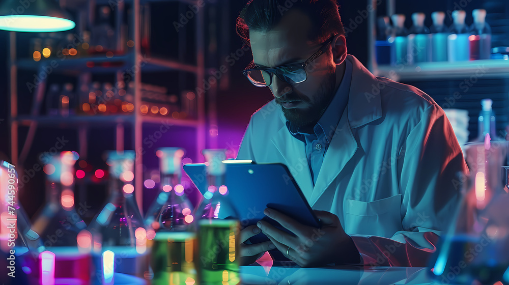 Scientist Analyzing Data in a Vibrantly Lit Laboratory at Night Scientist Analyzing Data in a Vibrantly Lit Laboratory at Night