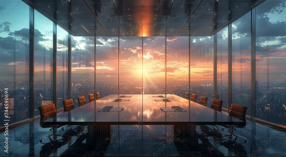 Amidst the towering skyscrapers, the conference room's expansive windows allowed for a breathtaking view of the sunrise, creating a sense of limitless possibilities and inspiration as the attendees d