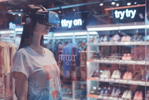 Young woman exploring virtual retail space with VR headset in contemporary clothing store