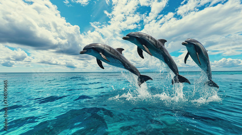 Three dolphins leaping out of ocean
