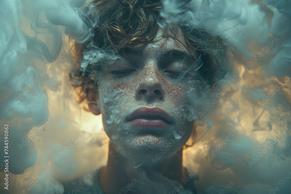 A captivating portrait of a person enveloped in a veil of swirling smoke, their face a work of art that embodies both mystery and intrigue A captivating portrait of a person enveloped in a veil of swirling smoke, their face a work of art that embodies both mystery and intrigue