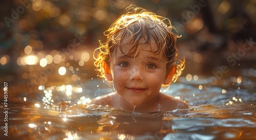 A young boy joyfully embraces the freedom of childhood while swimming in the crystal clear waters, his human face beaming with pure delight