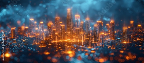 A bustling metropolis at night  with towering skyscrapers illuminated by a sea of city lights  creating a dazzling cityscape in the background