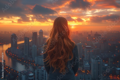 A lone woman gazes upon the towering skyscrapers, bathed in the warm hues of a sunset sky, contemplating the bustling city below and the endless possibilities that lie within its urban landscape photo