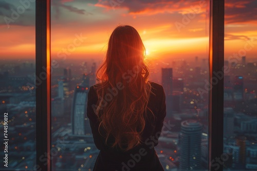 As the sunrise illuminates the sky, a woman stands in front of a window, gazing at the city's towering skyscrapers while her clothing dances in the gentle breeze, a cloud of thoughts swirling in her  © Larisa AI